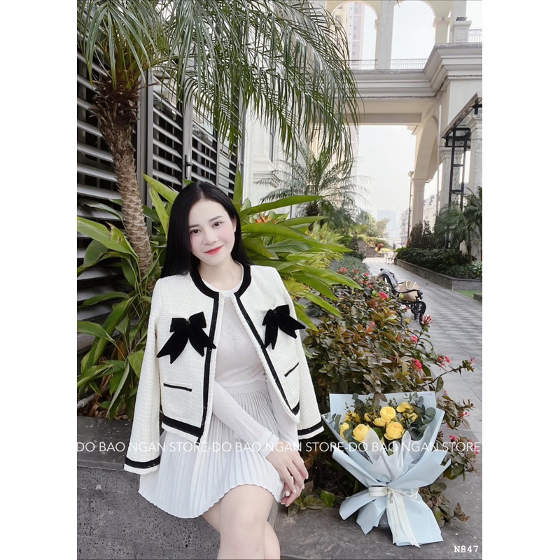 Áo khoác dạ tweed nữ trắng mùa đông quảng châu cao cấp Nơ đen Nhung Hàng 2 Lớp Dày Dặn Có Độn Vai AK07 Nasa | BigBuy360 - bigbuy360.vn