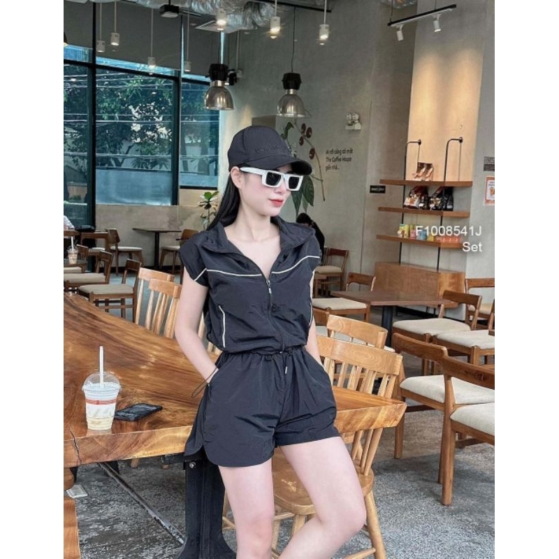 Set thể thao quần short áo sát nách khóa kéo viền nổi lai rút 1008