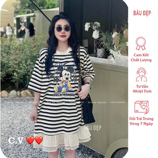 Váy đầm bầu mùa hè kẻ Micky dáng đuôi cá form rộng.