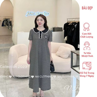 [M163]  Váy đầm bầu mùa hè dáng suông rộng kẻ sọc cổ sen trẻ trung
