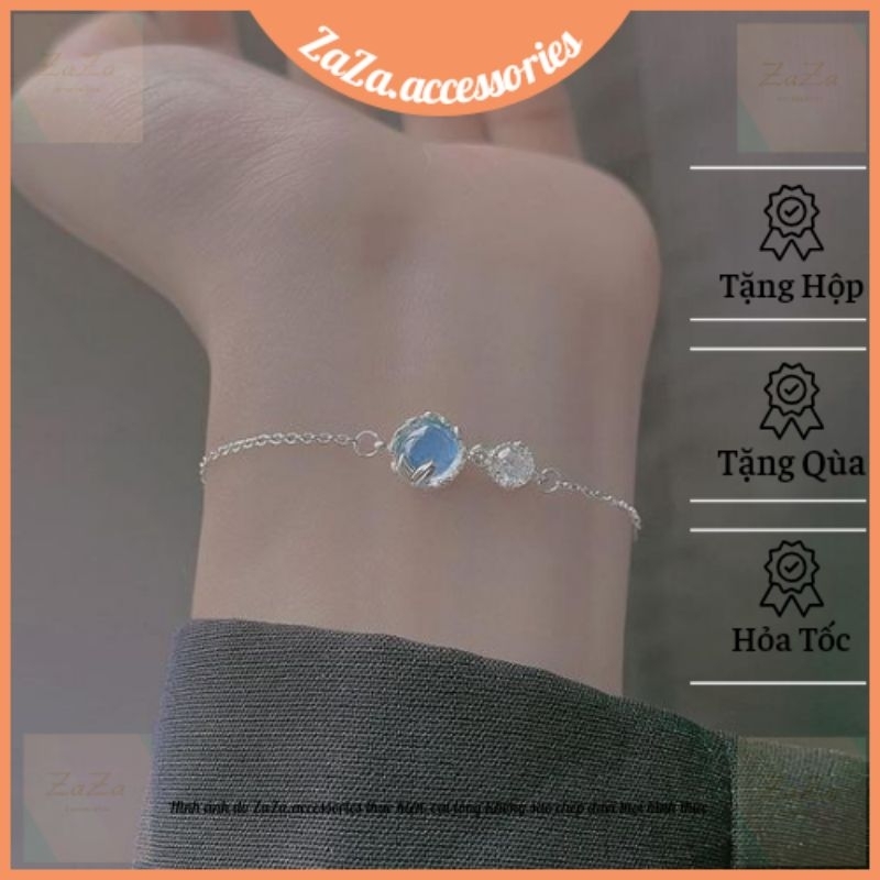 Vòng tay nữ bạc S925 Đá Xanh Đại Dương - Lắc tay bi bạc Ý nữ đính đá thanh lịch ZaZa.accessories