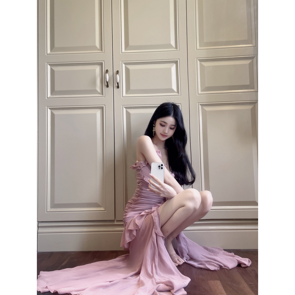 ĐẦM HAI DÂY BÈO HOA NGỰC DÚM THÂN DÁNG DÀI TGFASHION