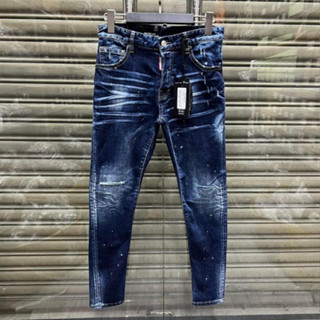 Quần Jean DSQ2 Xanh Đậm Rách Gối Vẩy Sơn Nhăn 3D Hai Bên Gối Quần Bò Nam 4 Khuy