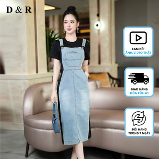 Đầm jean giả yếm bigsize phối thun cotton Quảng Châu cao cấp D&R Fashion D394