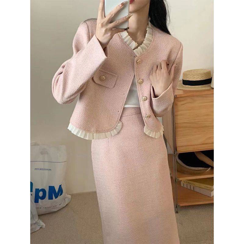 Set đồ gồm chân váy chữ A dáng dài và áo khoác vải dạ tweed sang chảnh Mơ's Corner MM177