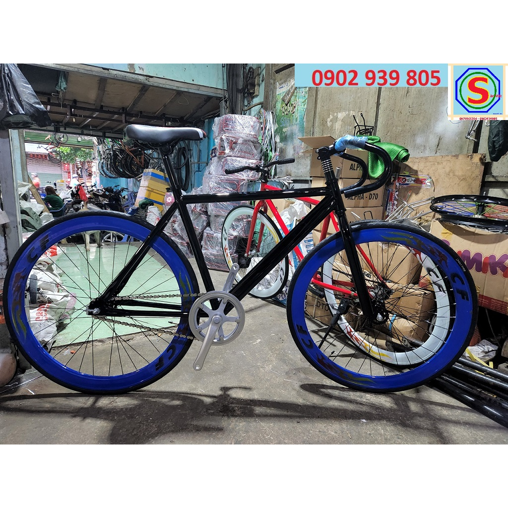 Xe Đạp Fixed Gear Tay cong: sườn thép, đùm nhôm, dĩa nhôm, cốt bạc đạn, sên hạt lựu
