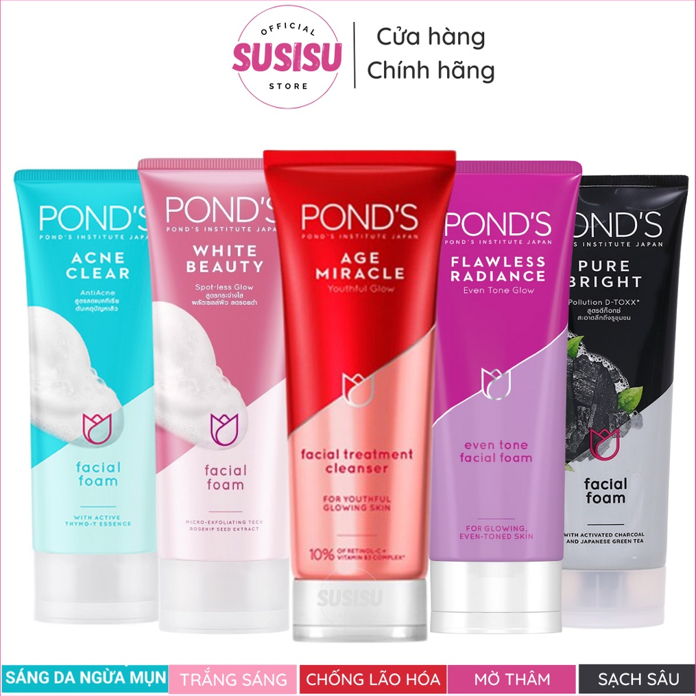 Sữa Rửa Mặt POND 'S Flawless White/ Acne Clear/Age Miracle/Pure White Facial Foam-Trắng sáng/ngừa mụn/chống lão hóa 100g