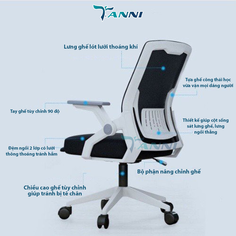 Ghế Xoay Văn Phòng Công Thái Học Có Ngả Lưng TANNI Premium 01 Plus, Ghế Làm Việc Ergonomic Cao Cấp Nhập Khẩu