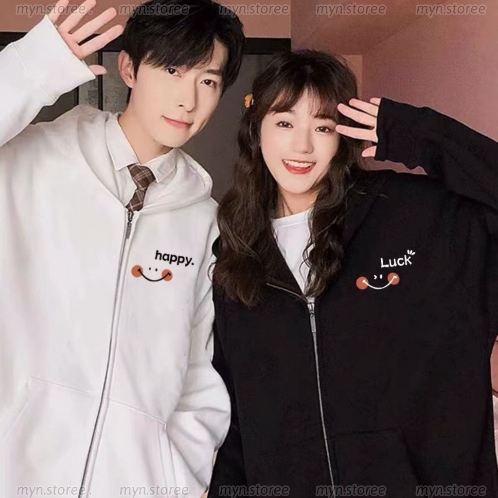 Áo khoác nỉ cặp đôi Luck - Happy, áo khoác hoodie cặp đôi nam nữ chất nỉ cao cấp form rộng mẫu trend