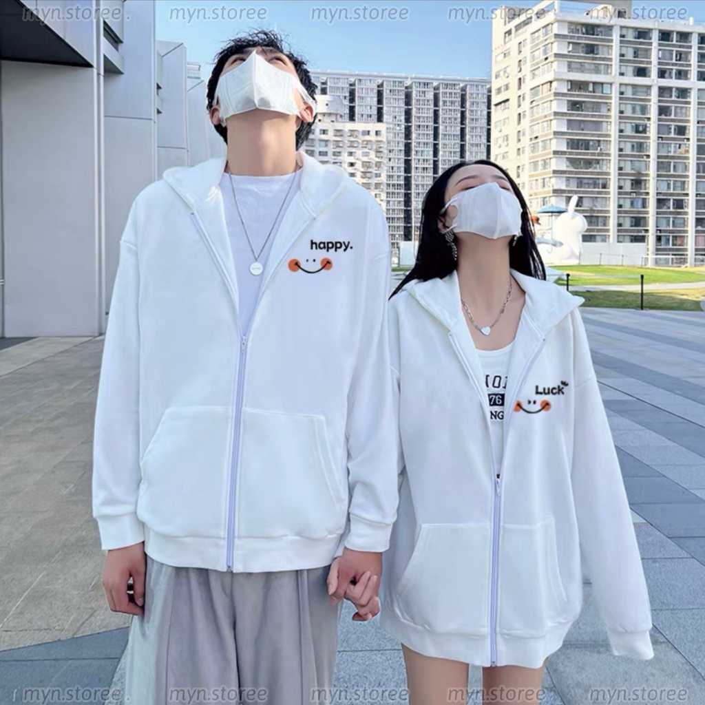 Áo khoác nỉ cặp đôi Luck - Happy, áo khoác hoodie cặp đôi nam nữ chất nỉ cao cấp form rộng mẫu trend