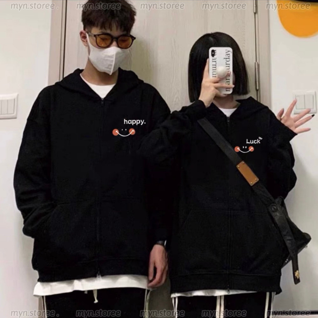 Áo khoác nỉ cặp đôi Luck - Happy, áo khoác hoodie cặp đôi nam nữ chất nỉ cao cấp form rộng mẫu trend