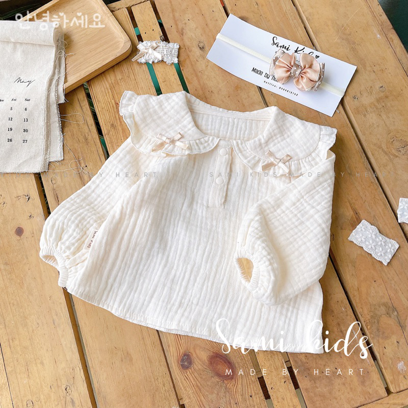 Áo dài tay cổ sen bèo cho bé gái xô Muslin mềm mại nhẹ nhàng
