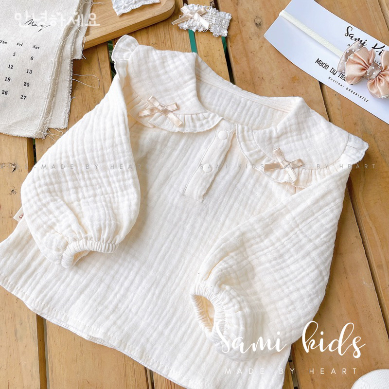 Áo dài tay cổ sen bèo cho bé gái xô Muslin mềm mại nhẹ nhàng