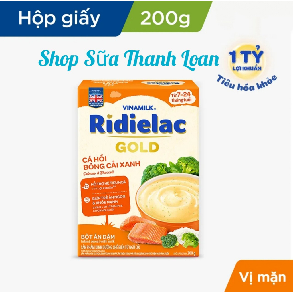 [HSD T8-2025] [Mẫu Mới] Bột Ăn Dặm RIDIELAC GOLD Cá Hồi Bông Cải Xanh - Hộp Giấy 200g.