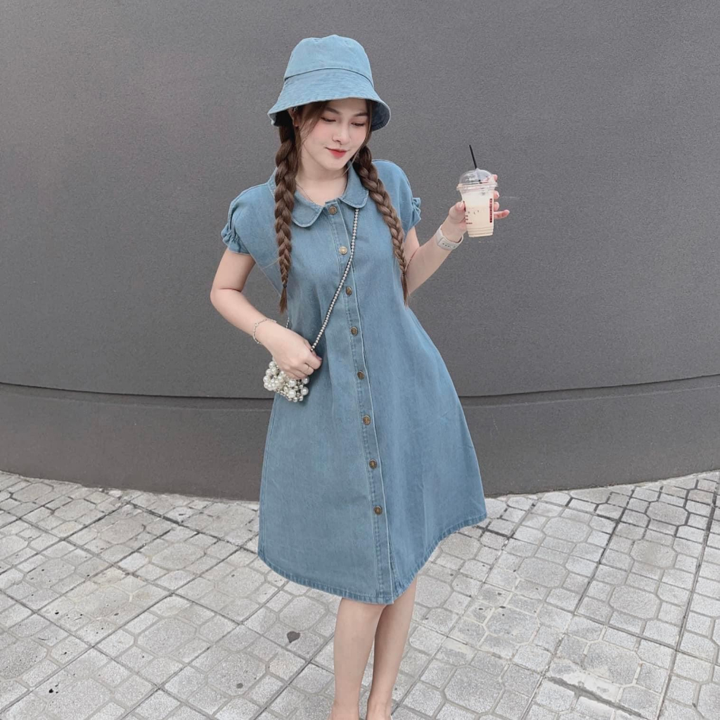 Đầm váy jeans nữ babydoll xòe phối cổ viền bèo xinh xắn dành cho các nàng diện đi chơi, hẹn hò siêu cute