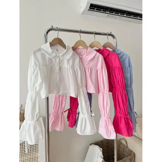 Áo sơ mi croptop nữ tay bồng chất thô lụa