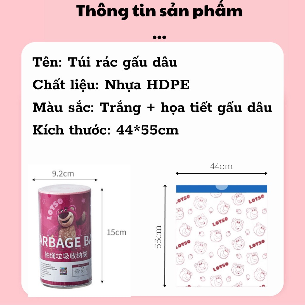 Túi đựng rác dây rút Gấu Dâu Baby HiHi chống rò rỉ nước cuộn 100 túi size 44*55Cm