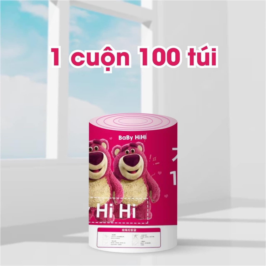 Túi đựng rác dây rút Gấu Dâu Baby HiHi chống rò rỉ nước cuộn 100 túi size 44*55Cm