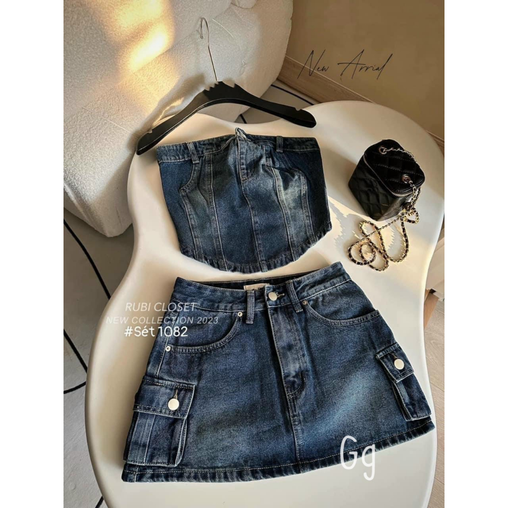 Set áo ống jean mix chân váy ngắn có túi kèm ảnh thật