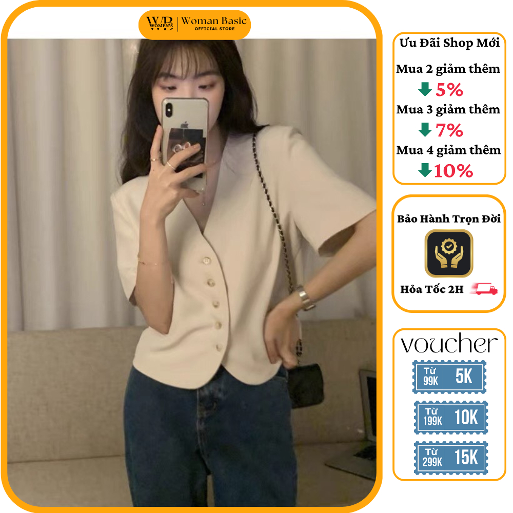 Áo blazer nữ croptop phong cách Hàn Quốc chất liệu tuyết mưa cao cấp áo vest dáng cộc tay cổ V xinh xắn phù hợp đi chơi