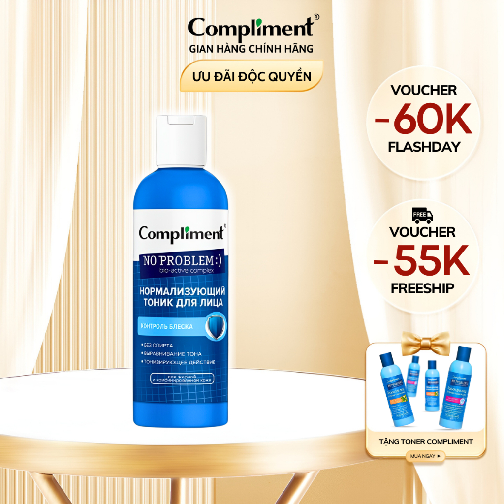 Toner Compliment No Problem BHA & ZinC & Niacinamide, Nước Hoa Hồng Làm Sạch Da Chống Lão Hoá 200ml