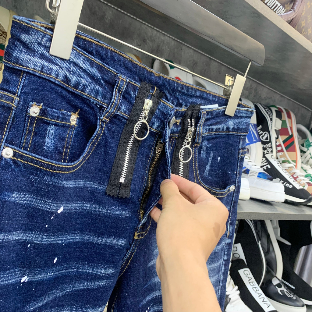 Quần jean nam DSQ2 biker slimfit Quần bò nam xanh trơn thêu 2 khoá zip dọc eo phối mài xước đơn giản basic