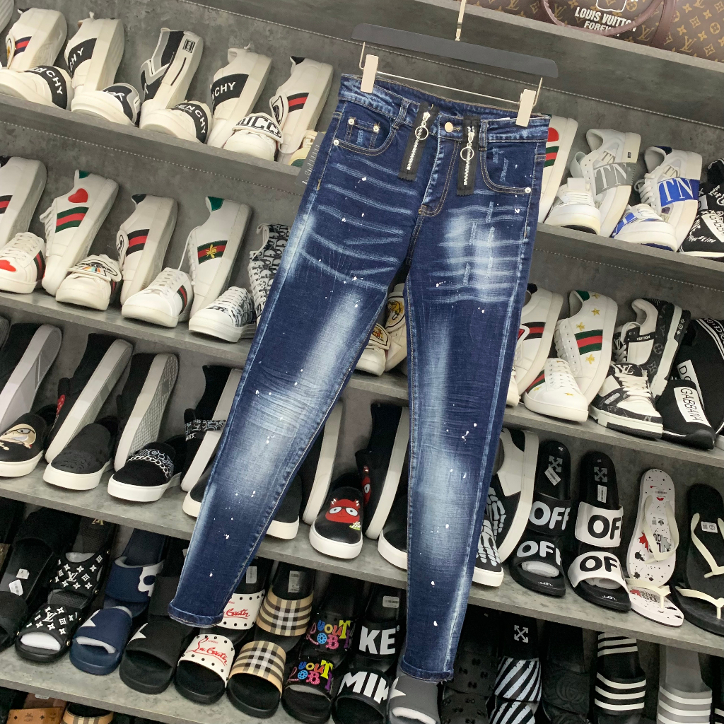 Quần jean nam DSQ2 biker slimfit Quần bò nam xanh trơn thêu 2 khoá zip dọc eo phối mài xước đơn giản basic