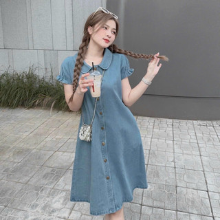 Váy Sơ Mi Nữ Chất Jean Cứng Chuẩn Hàng Shop Xịn Dáng Suông, Đầm Jean Cổ Sen Tay Dúm Phối Cúc Cài Dáng Dài Siêu Xinh Xắn