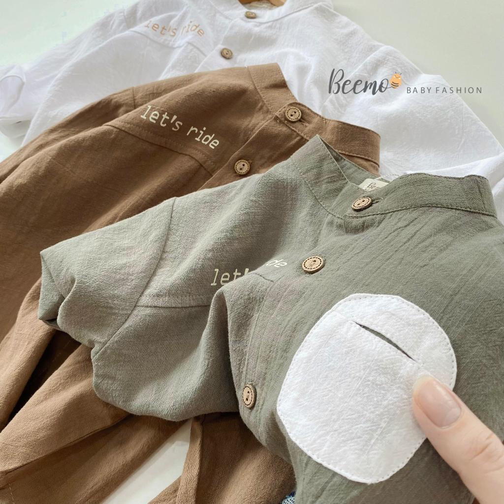 Áo sơmi túi tròn cho bé trai Beemo,Chất liệu đũi Hàn mềm mại,thiết kế cổ tàu,bên phải in chữ sắc nét B353