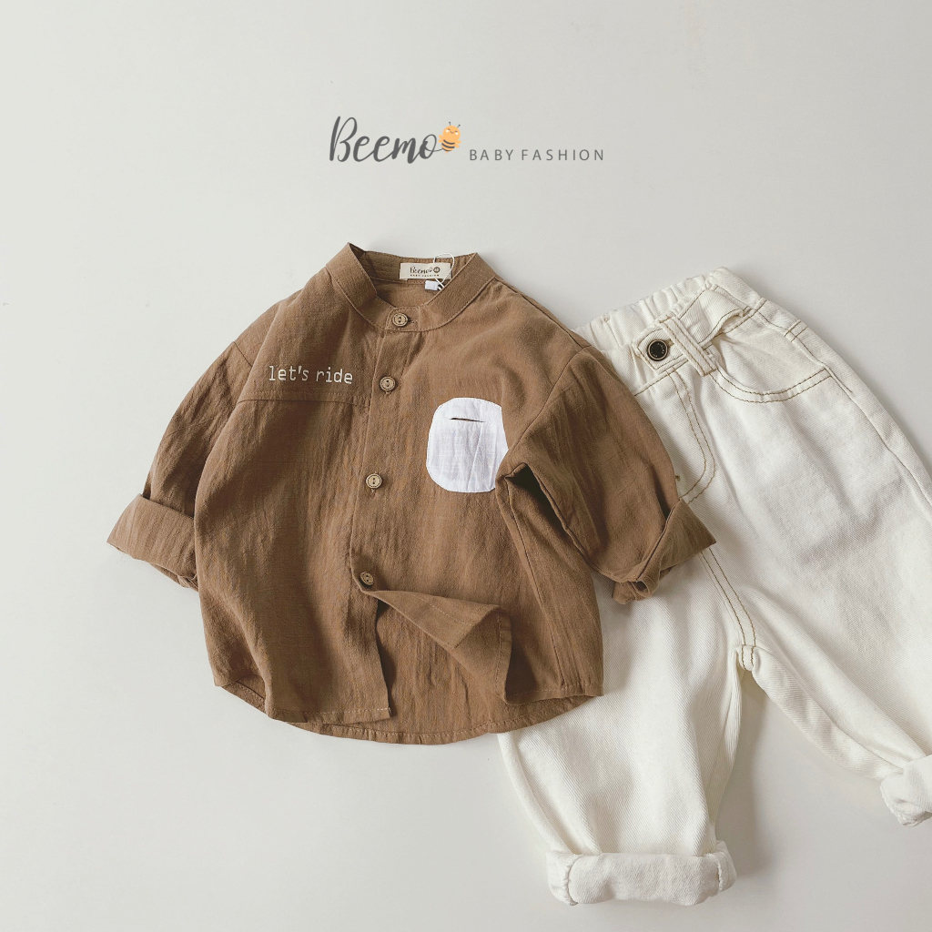 Áo sơmi túi tròn cho bé trai Beemo,Chất liệu đũi Hàn mềm mại,thiết kế cổ tàu,bên phải in chữ sắc nét B353