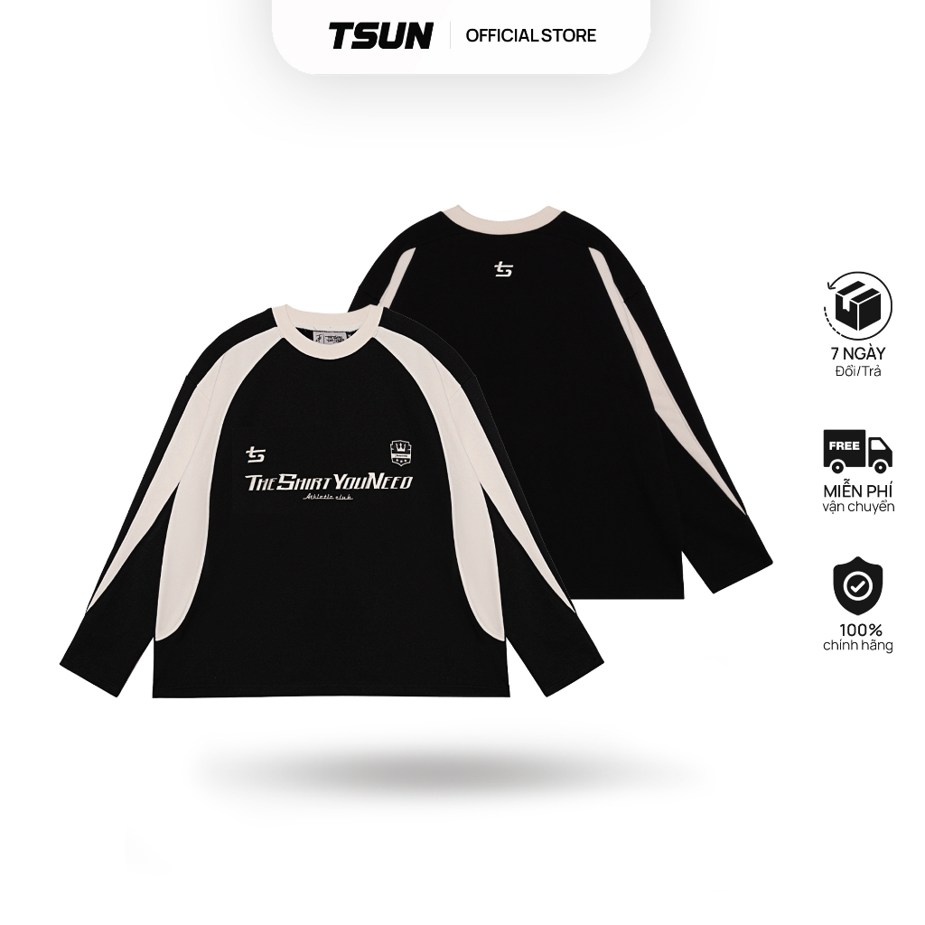 Áo Sweater TSUN Patchwork - Tay Dài - [UNISEX] - Đen - Logo Thêu