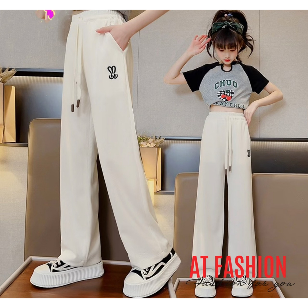 Mcbb 9-24 kg 100% vải cotton quần suông cho bé gái quần dài bé gái quần ống rộng cho bé gái lưng cao đen trắng be trẻ em