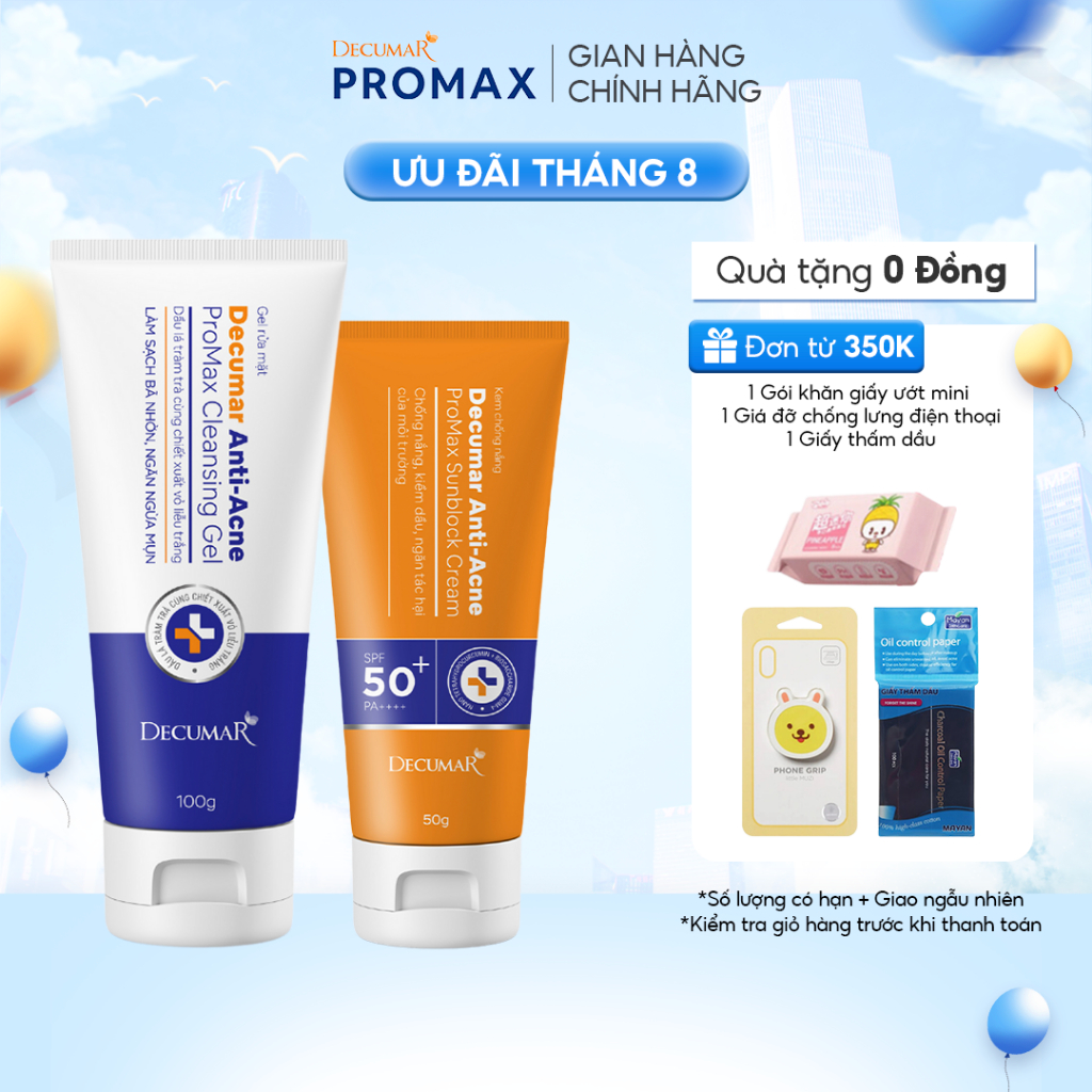 Bộ Sữa Rửa Mặt Và Kem Chống Nắng Decumar ProMax Làm Sạch Da Ngừa Mụn, Ngăn Tia UV Gây Sạm Da - SRM 100g, KCN 50g