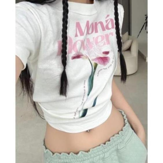 Áo thun baby tee in hoa MONÁ - FLEUR TRẮNG, Form Baby Tee