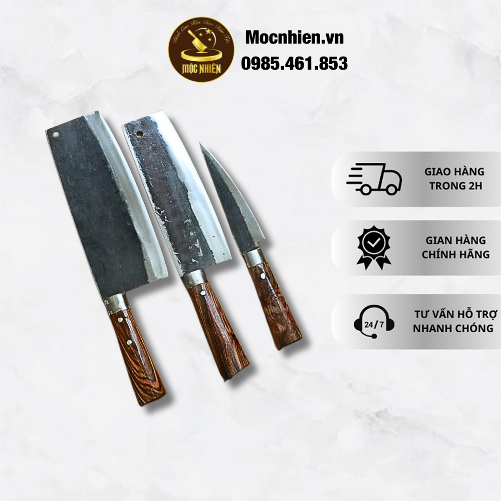 Bộ dao bếp Mộc Nhiên gồm chặt gà vịt + thái bản vừa + lọc , mổ gà màu đen tuyền siêu chất - Mã CB17