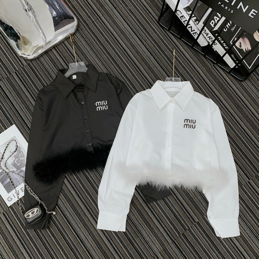 Áo Sơmi Miumiu Thêu Ngực Chất Thô Nến Dáng Crotop May Lông Thỏ Gấu Chanh Sả Moonyhanoi HT