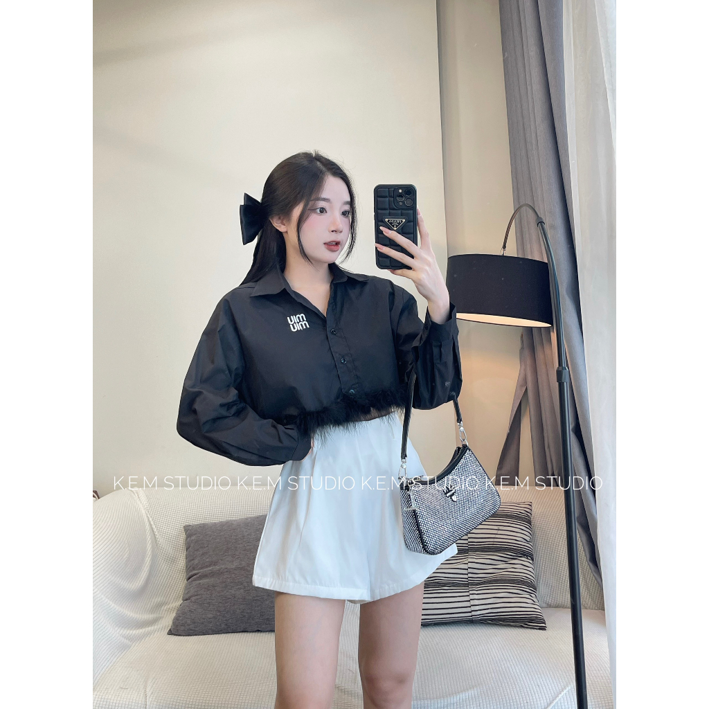 Áo Sơmi Miumiu Thêu Ngực Chất Thô Nến Dáng Crotop May Lông Thỏ Gấu Chanh Sả Moonyhanoi HT