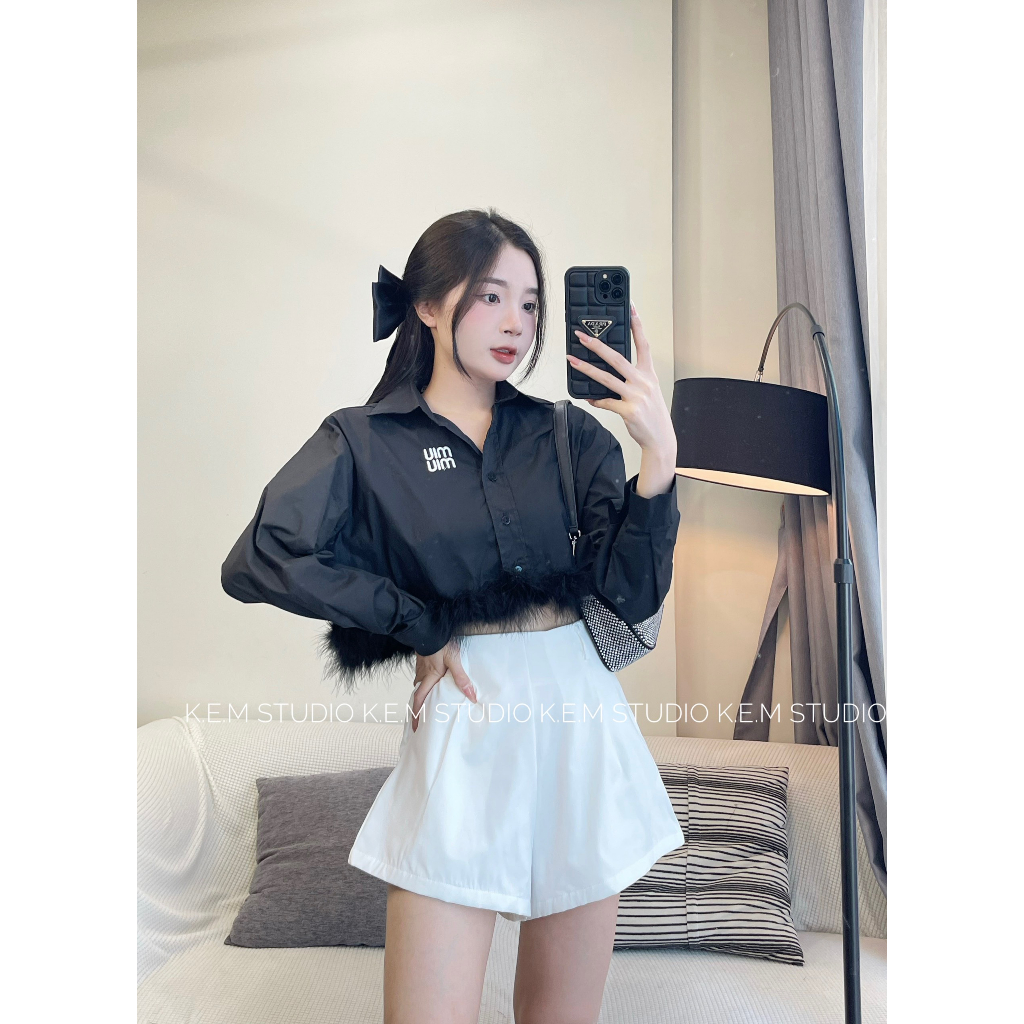 Áo Sơmi Miumiu Thêu Ngực Chất Thô Nến Dáng Crotop May Lông Thỏ Gấu Chanh Sả Moonyhanoi HT