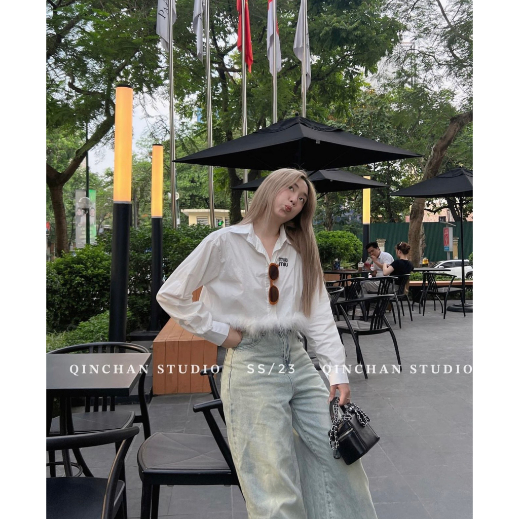 Áo Sơmi Miumiu Thêu Ngực Chất Thô Nến Dáng Crotop May Lông Thỏ Gấu Chanh Sả Moonyhanoi HT