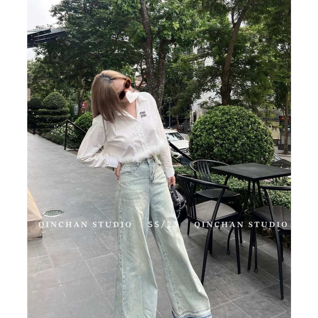 Áo Sơmi Miumiu Thêu Ngực Chất Thô Nến Dáng Crotop May Lông Thỏ Gấu Chanh Sả Moonyhanoi HT