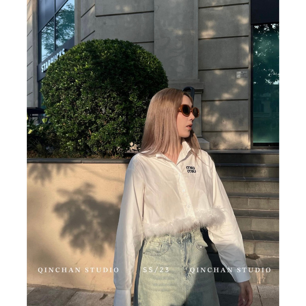 Áo Sơmi Miumiu Thêu Ngực Chất Thô Nến Dáng Crotop May Lông Thỏ Gấu Chanh Sả Moonyhanoi HT