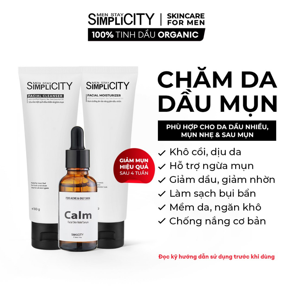 Bộ sản phẩm chăm da dầu mụn cho nam Men Stay Simplicity Acne Relief Skincare Trio giảm mụn an toàn