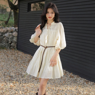 Váy babydoll tay lửng phong cách vintage, váy xinh phối dây lưng nhỏ trẻ trung, nữ tính
