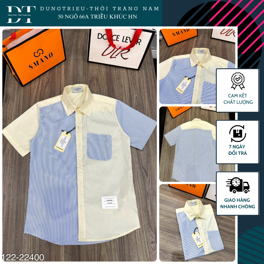Áo Sơ Mi Nam Kẻ Xanh Thom Browne Phối Vải Be Siêu Đẹp, Áo Somi Cộc Tay Nam Thom Cao Cấp