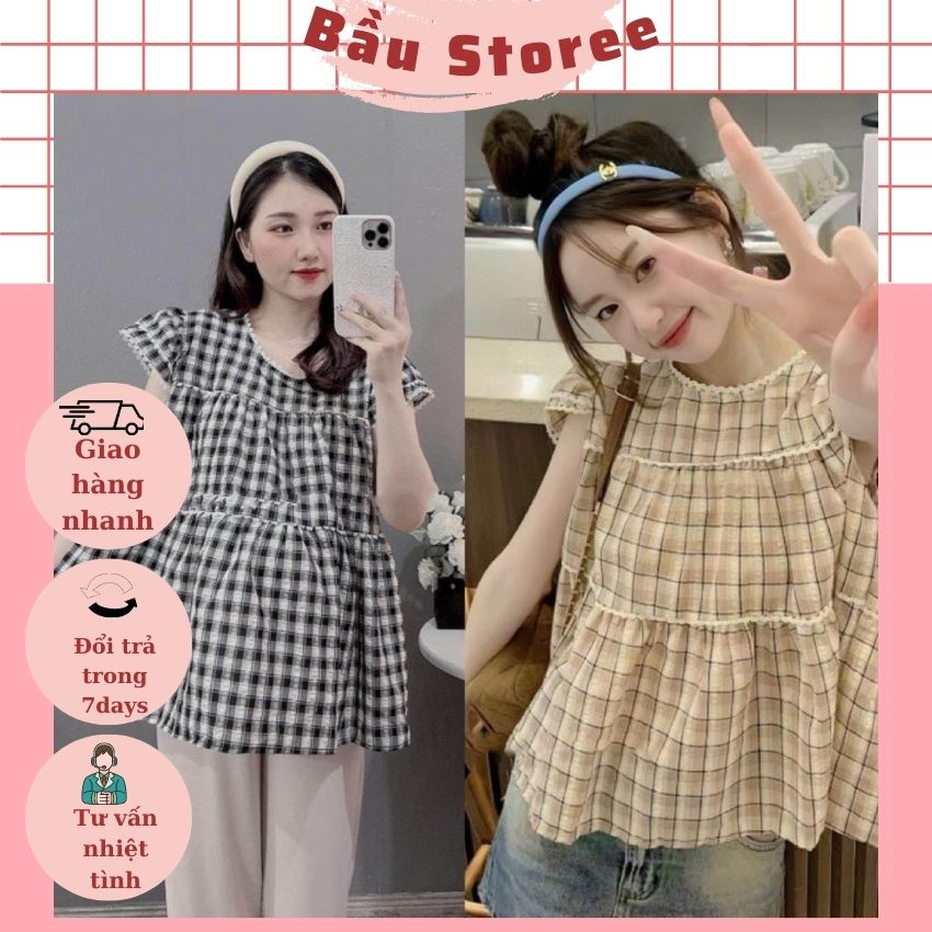 ÁO KẺ BẦU VIỀN REN TAY BỒNG XINH XẮN BÁNH BÈO V277