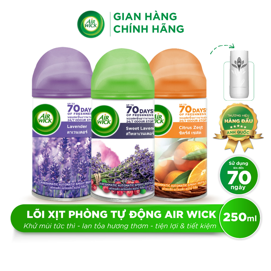 Lõi xịt phòng tự động AIRWICK, Anh Quốc, lan tỏa hương thơm tức thì, tinh dầu thiên nhiên, sử dụng lên tới 70 ngày 250ml