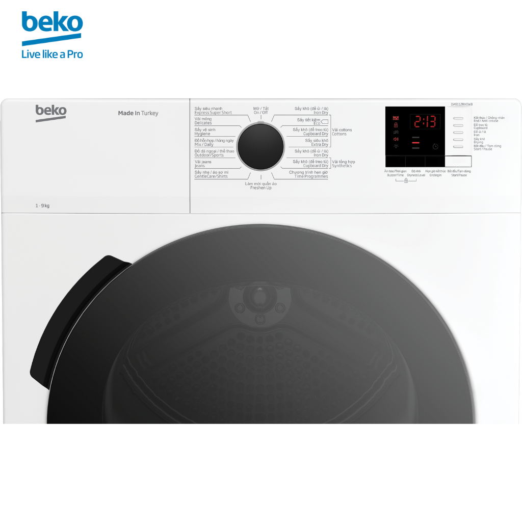 Máy Sấy Quần Áo BEKO Công Nghệ Sấy Thông Hơi 9Kg, Công Suất 2400W, Chống Nhăn, Hẹn Giờ Sấy - DA9112RX0WB