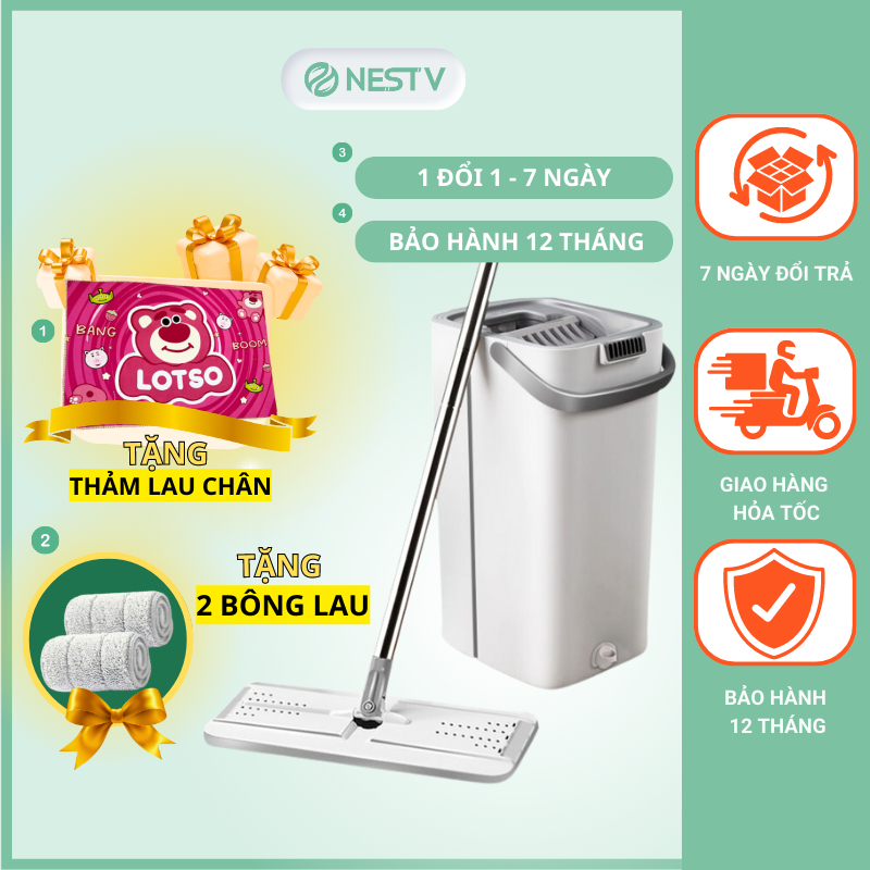 Bộ cây lau nhà tự vắt hình chữ nhật xoay 360 độ kèm thùng tự vắt cao cấp