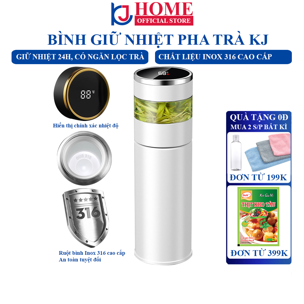 Bình giữ nhiệt KJ HOME 450ml - có khay lưới lọc trà, hiển thị nhiệt độ, bình pha trà, Chất liệu Inox 316 cao cấp