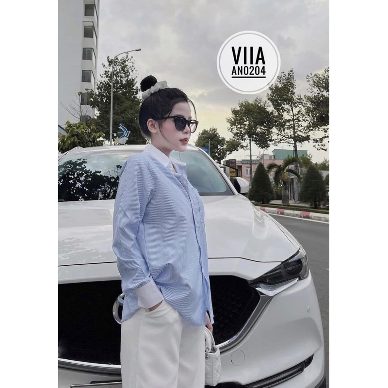 Sơ mi Kẻ xanh chất đẹp phối trắng AN0204 VIIA DESIGN